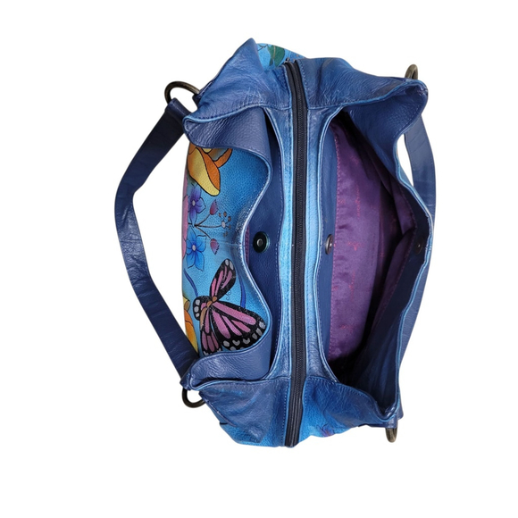 Anuschka Large Butterfly & Flowers Hand Painted Genuine Leather Shoulder Bag - Picture 8 of 14